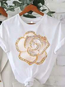 Camiseta de manga corta estampada, camisetas de algodón con gráficos, talla grande, camiseta floral elegante para mujer |       Patrón floral en rosa suave y dorado, transpirable, camiseta casual y de fiesta, diseño sencillo, cuello redondo, ajuste cómodo, ligera, mangas cortas, camiseta de moda de verano para mujer, 100% algodón. - Blanco - Ver 6