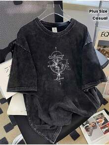 1 pieza de camiseta oversize de 230 g/m² hecha a mano con cariño - Estampado vintage de rosa de la brumela y náutico, manga corta, cuello redondo, aspecto lavado en gris oscuro/negro para uso casual de verano, playa, navegación y uso diario, TALLA GRANDE Camia Elegant Mujer Motif Ropa de Mujer 180g Algodón 100%. - Negro - Ver 1