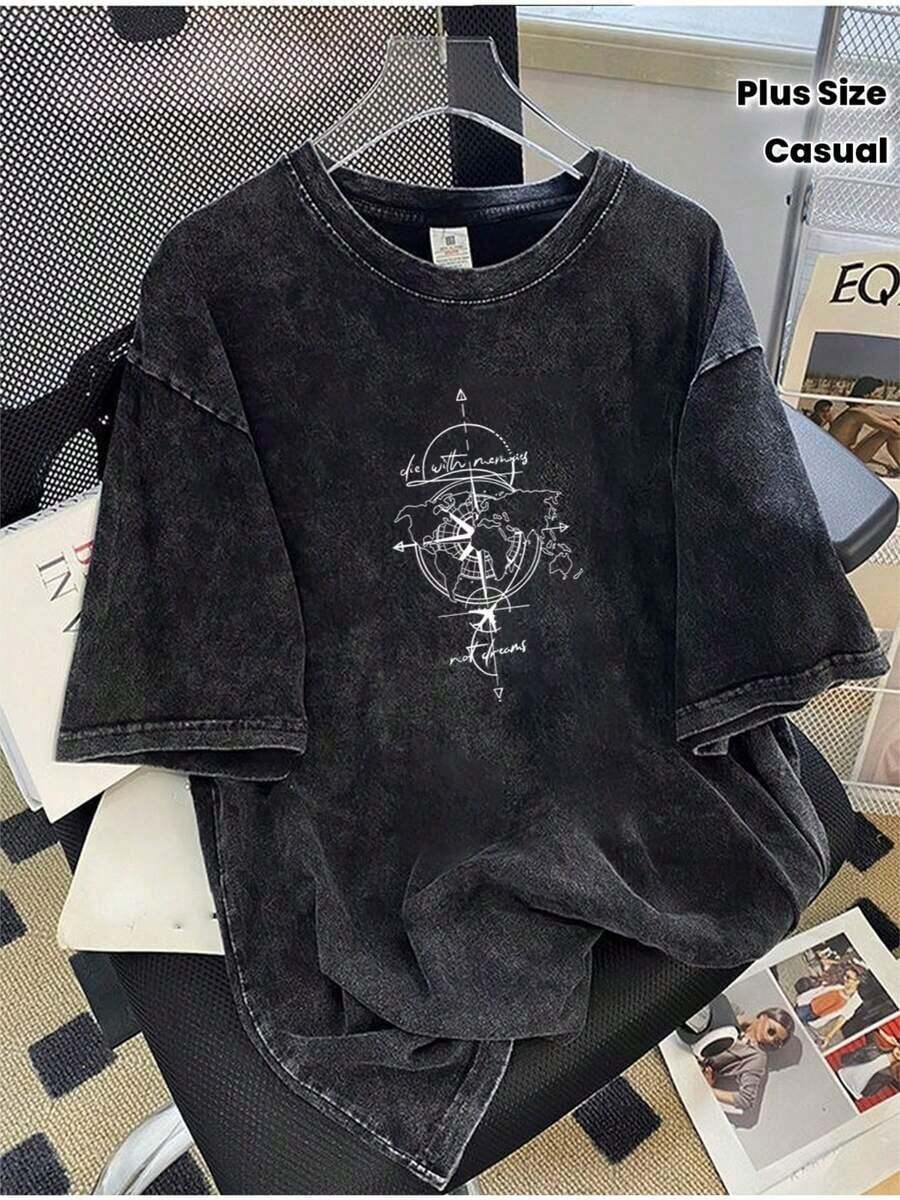 1 pieza de camiseta oversize de 230 g/m² hecha a mano con cariño - Estampado vintage de rosa de la brumela y náutico, manga corta, cuello redondo, aspecto lavado en gris oscuro/negro para uso casual de verano, playa, navegación y uso diario, TALLA GRANDE Camia Elegant Mujer Motif Ropa de Mujer 180g Algodón 100%. - Negro - Ver 1