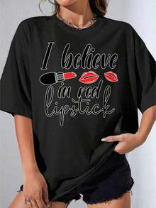 Camiseta Negra y Blanca para Mujer, Camiseta Blanca de Talla Grande con Estampado Gráfico de "I Believe In Red Lipstick" con Diseño de Lápiz Labial y Labios, Ropa Casual de Verano para Mujer, Camiseta Estampada para Fiestas al Aire Libre, 180g - Negro - Ver 7