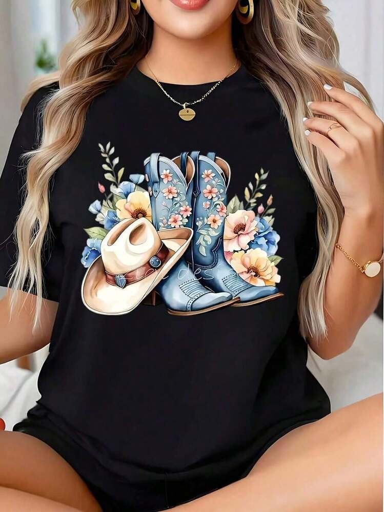 Women's Casual Summer Graphic Tee With Floral Design Of Boots And Cowboy Hat, A Perfect Gift For Friends And Family At Any Party Or Festive Occasion, 220g - 黑色 - 查看 1