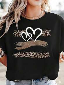 CasualPlayera Blanca de Mujer con Doble Corazón y Estampado de Leopardo, Camiseta de Moda con Brillo Dorado y Pinceladas Artísticas, Blusa de Estilo Boho y Chic, Top Casual para Verano o RegaloMust-have - Negro - Ver 7