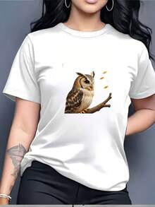 Encantadora Camiseta de Mujer con Estampado de Búho de 180g - Suave y Transpirable, Ideal para Salidas Familiares, Festivales de Música de Verano y Regalos Corporativos para Team Building |   Elegante y cómodo, adecuado para diversas ocasiones. - Blanco - Ver 1