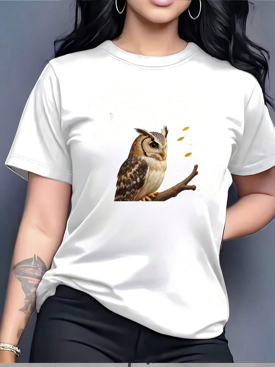 Encantadora Camiseta de Mujer con Estampado de Búho de 180g - Suave y Transpirable, Ideal para Salidas Familiares, Festivales de Música de Verano y Regalos Corporativos para Team Building | Elegante y cómodo, adecuado para diversas ocasiones. - Blanco - Ver 1