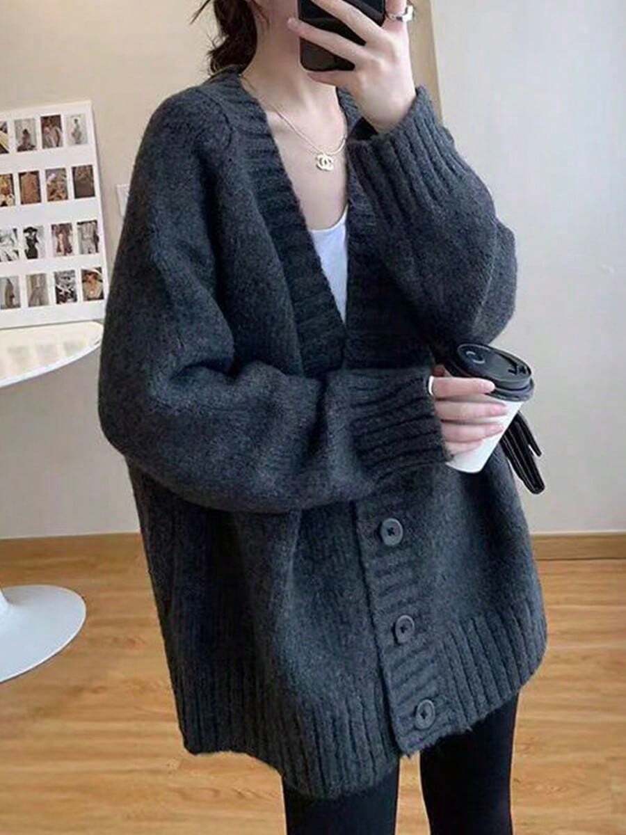 Chaqueta de punto de las mujeres chaqueta de tweed mujer otoño e invierno suelto perezoso viento delgado cardigan jumper versátil suéter de punto tops - Gris - Ver 1