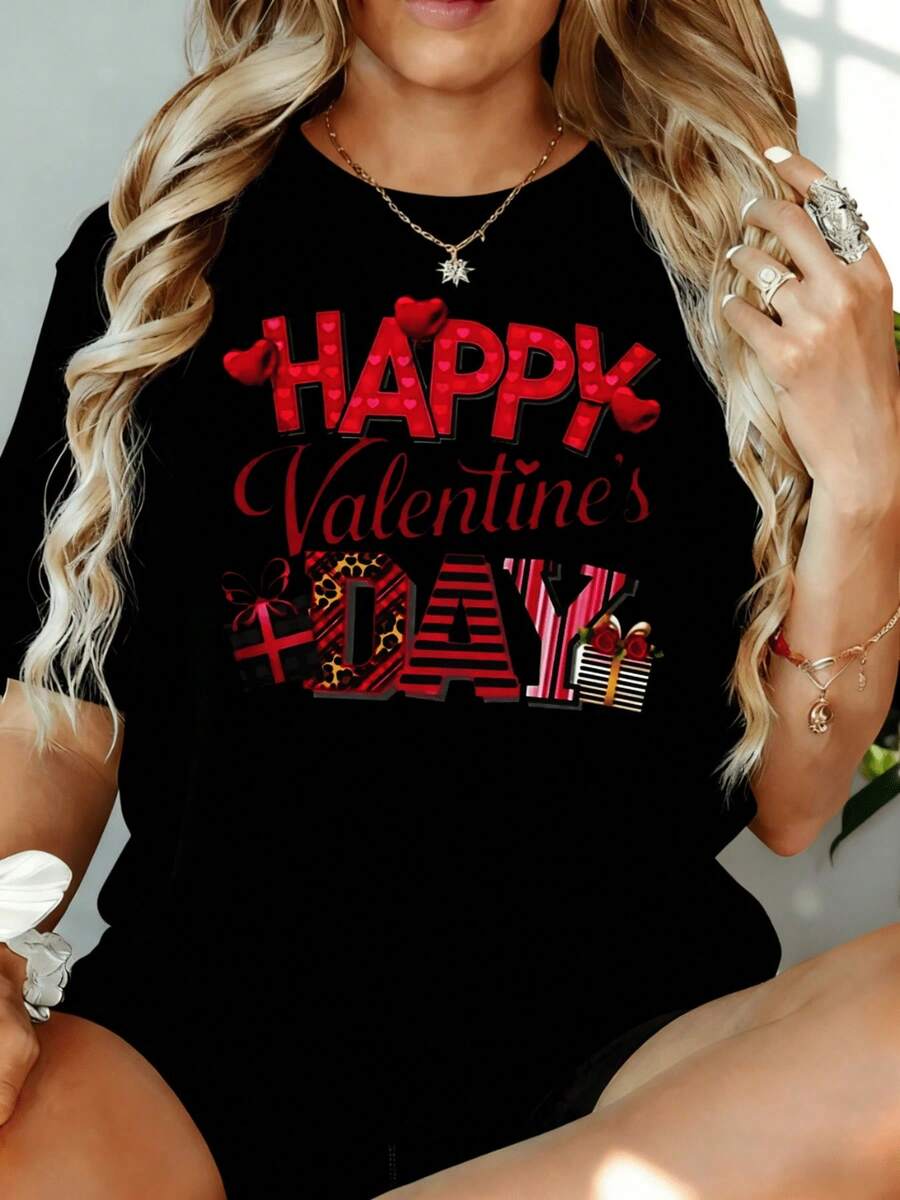 Women's Valentine's Day Graphic T-Shirt, Cute Valentine's Day Tee With Pink Hearts And Leopard Print, Gift Box Design, Loose Fit, 180g, For Home Leisure, Outdoors, Valentine's Day Party Gift - 黑色 - 查看 1