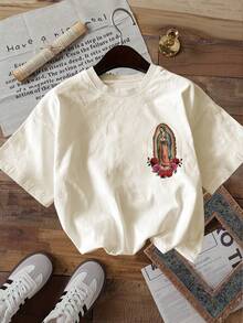 Limited EditionDouble-Sided Print Summer Casual Women's Top, Vintage Style, Our Lady Of Guadalupe Of Roses Print, Round Neck Short-Sleeved-Shirt, 1Lightweight Cotton - 杏色 - 查看 2