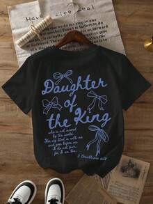 'The King's Daughter' Graphic T-Shirt, Women's Faith Clothing With Biblical Aesthetics, Casual Short Sleeve T-Shirt With Round Neck And Printed Text On The Back - 黑色 - 查看 7