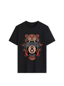 Women's Short-Sleeved T-Shirt With Round Neck And Leopard Print, American Retro Casual Style, Suitable For Daily Wear, Black, Urban Vintage Style, Unisex, Loose Fit, Cotton. - 黑色 - 查看 4