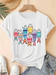 Primavera/Verano 2026, Nueva Camiseta de Manga Corta para Mujer con Cuello Redondo, Estampado de Peces de Estilo  Colorido, Top Deportivo Casual Vintage con Aspecto Desgastado, Tejido de Punto Suave, Ropa de Mujer de Alta Calidad. | Diseño Divertido y Original | Top divertido y rejuvenecedor - Blanco - Ver 8