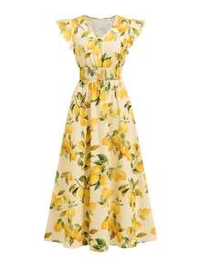 Vestido largo elegante de mujer con cintura fruncida y volantes, vestido de verano para vacaciones, vestido para citas - Amarillo - Ver 6