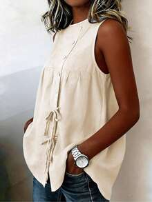 Women's Sleeveless Button-Up Cover-Up, Casual Drawstring Tied Detail Sleeveless Button-Up Top, Round-Neck Leisure Waist-Cinching Cover-Up, With Side Drawstring Ties And Pockets, Suitable For Summer - Light Brown - View 5