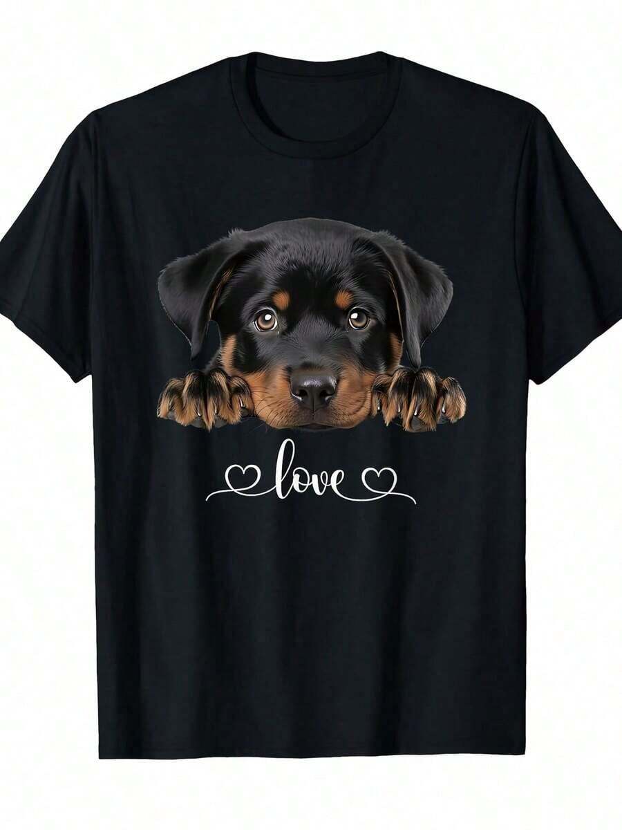 Camiseta gráfica con diseño de cachorro Rottweiler adorable, negra con huellas de pata marrones, suave, informal para uso diario, para mujeres y hombres, ropa para amantes de mascotas, camiseta cómoda para perros, ropa urbana, moda Ayful Dign, tela cómoda, camiseta de manga corta, ropa urbana para entusiastas, material transpirable, camiseta de cuello redondo, para amantes de la moda. - Negro - Ver 1