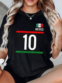 Bandera tricolor mexicana con número diez que simboliza la pasión y el orgullo nacional en cada detalle inspirando fuerza unión y amor por México camiseta de mujer casual cómoda para uso diario - Negro - Ver 6