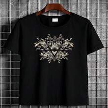 Camiseta negra HIM Band Heartagram unisex para streetwear, con un dise?o complejo de corazón y flecha - Transpirable y suave, cuello redondo, manga corta, conjunto casual, ligeramente elástica para qu - Negro - Ver 2