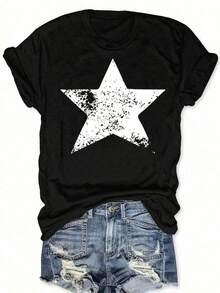 1 Piece - Printed T-Shirt With Design, Short Sleeve, Round Neck, Casual Top, Suitable For Summer And Spring, Women's Clothing, 180g, 100% Cotton. - 黑色 - 查看 6