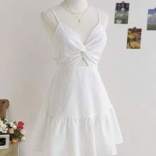Women's Vacation Style Camisole Mini Dress, With Bowknot Back Straps, Twist Front, White Summer Casual - Blanco - Ver 4