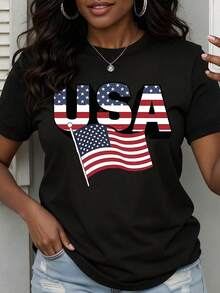 Women's Casual Short Sleeve T-Shirt, White, With American Flag And Stars Print, Patriotic Clothing For Independence Day Celebration, Women's T-Shirts - 黑色 - 查看 6