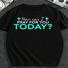 Camisetas decorativas con temática del Día de la Independencia y el Día del Padre con el lema "?Cómo debo orar por ti hoy?" - camisetas unisex de fe cristiana, cuello redondo de manga corta, estilo regalo religioso, tejido elástico cómodo, adecuadas para grupos de la iglesia y uso casual. - Negro - Ver 1