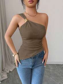 Blusa elegante y sexy de mujer con cuello halter sin mangas, con decoración metálica, tela texturizada, recogido en la cintura, adecuada para salir, citas, vacaciones - Caqui - Ver 3