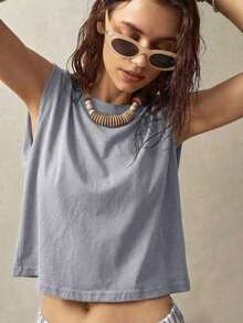 Top sin mangas de cuello redondo para vacaciones de mujer - Azul - Ver 3