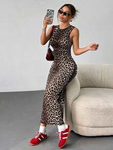 Vestido ajustado sin mangas con estampado de leopardo para mujer - Negro - Ver 4