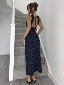 Vestido de verano con espalda abierta, tirantes y estampado de lunares sexy para mujeres - Azul marino - Ver 2