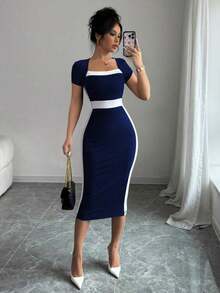 Vestido ajustado de cuello cuadrado con bloques de color para mujer - Azul marino - Ver 1