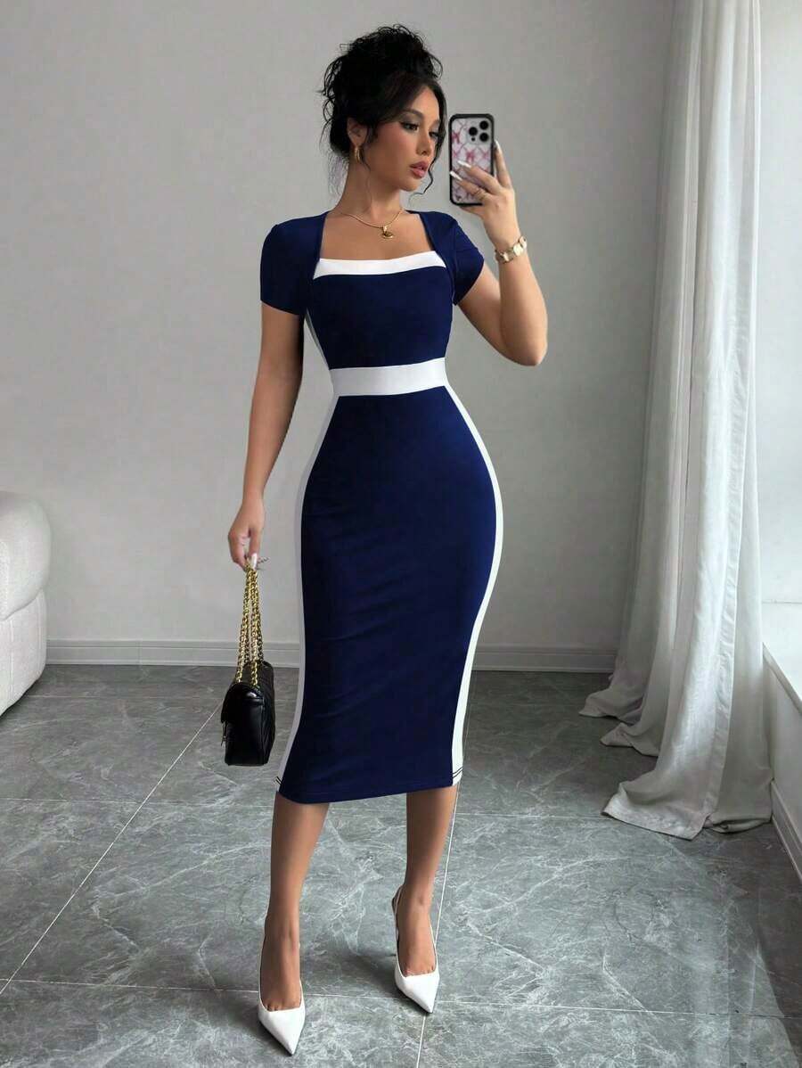 Vestido ajustado de cuello cuadrado con bloques de color para mujer - Azul marino - Ver 1