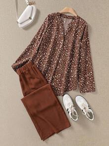 Set de 2 piezas de camisa y pantalones con estampado de color contrastante para mujeres - Multicolor - Ver 8