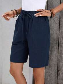 Bermudas, unicolor, con bolsillos laterales, corte holgado, longitud hasta la rodilla, cintura media, estilo básico - Azul marino - Ver 3