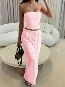 Conjunto de 2 piezas de ropa de otoño Vaiaye: Top corto ajustado y sexy sin tirantes, camiseta básica de unicolor elástica y ajustada, top tipo bandeau para yoga; Conjunto de pantalones para primavera/verano - Rosa - Ver 8