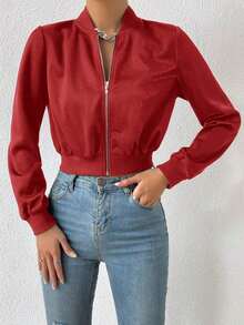 Chaqueta bomber corta con cremallera de color liso, chaqueta ligera de mujer de uso casual para primavera/otoño con manga regular, cuello tipo béisbol y ajuste regular en color negro liso - Rojo - Ver 5