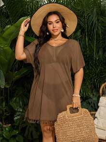 Swim  Salida de playa tipo kimono con flecos para talla grande - Marrón - Ver 4