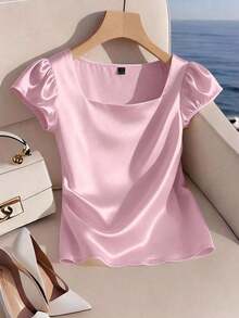 Blusa casual elegante de satén con cuello cuadrado francés, mangas de pétalos y pliegues, adecuada para ir al trabajo, uso diario, reuniones y fiestas, primavera/verano - Rosa - Ver 3