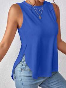 1 pieza Camiseta casual de mujer de cuello redondo y bajo con abertura lateral de un solo color - Azul - Ver 7