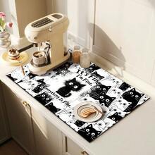 1 pieza Alfombrilla absorbente, con patrón de gato de dibujos animados y texto en inglés, adecuada para mesa de comedor y cafetería, alfombrilla de drenaje multiusos, regalo para el hogar, decoración de escritorio - XYLSD-387 - Ver 4