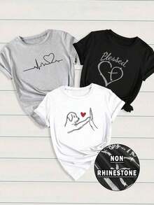 Set de 3 camisetas gráficas de manga corta casuales para mujer con diseños de corazón y gráfico ECG - Multicolor 5 - Ver 6