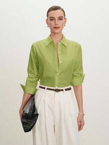 2026 Nueva Camisa Básica Versátil y Elegante para Mujer con Botones Delanteros y Cuello Mao en Color Azul Claro, Adecuada para Ir al Trabajo, Uso Diario, Estilo Retro de los 90, Navidad, Año Nuevo, Fiesta de San Valentín, Playa, Graduación, Moda, - Verde - Ver 2