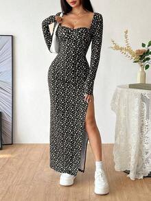 Vestido largo con cuello cuadrado, manga larga y bajo con abertura, estampado de leopardo, para uso casual diario en otoño/invierno - Blanco y Negro - Ver 4