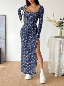 Vestido largo con cuello cuadrado, manga larga y bajo con abertura, estampado de leopardo, para uso casual diario en otoño/invierno - Multicolor 2 - Ver 3