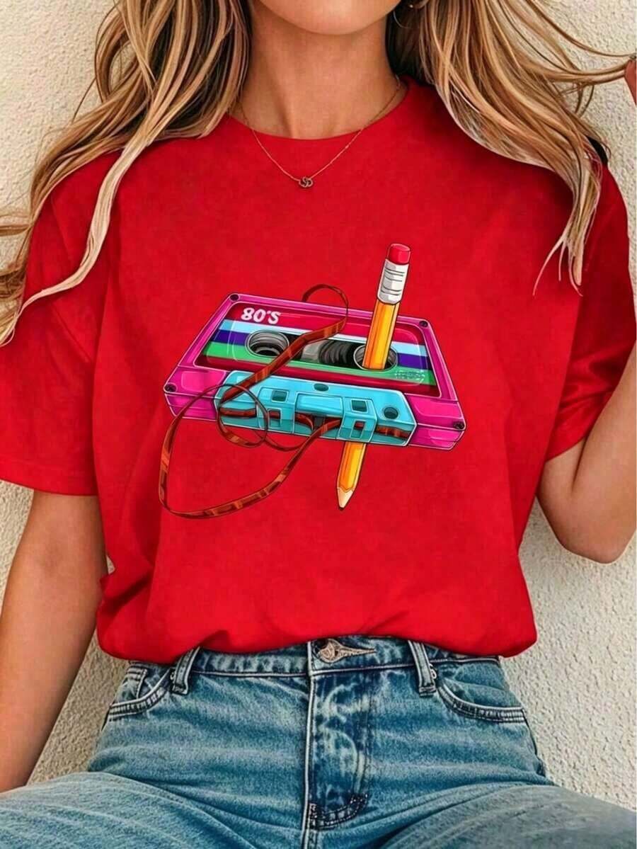 Conjuntos de Verano Suaves para Mujer, Camiseta Vintage con Diseño de Casete Musical de los 70, 80 y 90, Camisetas Gráficas Casuales para Mujer, Blusas con Estampado - Rojo - Ver 1