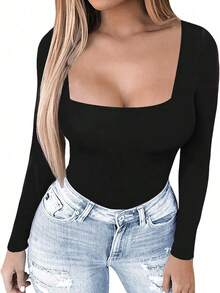 Camiseta ajustada de manga larga con cuello cuadrado para mujer, primavera/verano Y2K, unicolor, sexy, adecuada para el Día de San Valentín y uso casual - Negro - Ver 8