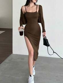 Mujeres elegante vestido ajustado con tirantes y chaqueta corta abierta de frente, traje de dos piezas - Marrón Chocolate - Ver 8