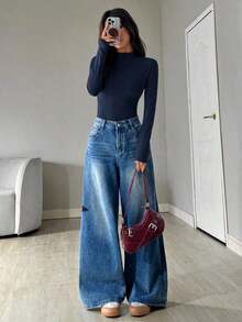 Body de mujer con cuello alto y manga larga, de uso casual - azul real - Ver 5