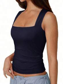 Camiseta de tirantes de unicolor negro como capa base de ropa casual de mujer para el verano y otoño - Azul marino - Ver 3