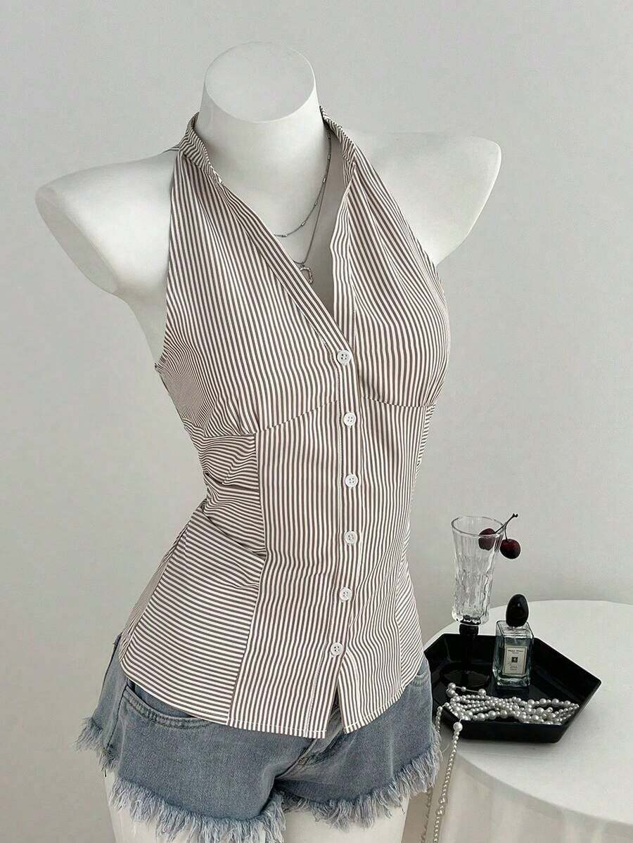 Camisa informal de mujer ajustada de rayas sin mangas con cuello - Camel - Ver 1