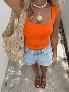 Camiseta sin mangas ajustada de unicolor con cuello cuadrado para mujer , Chaleco de unicolor minimalista y retro, Camiseta de punto sin espalda de moda de verano, Versátil y casual, Adecuado para el trabajo y el transporte - rojo anaranjado - Ver 7