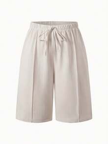 3-Piece Set Solid-Color Casual Shorts - Leisure Resort Style, Faux Drawstring Design, Straight-Leg Cut, Non-Stretch Fabric, Essential For Summer Outfits, Casual Shorts | Straight-Leg Shorts | Polyester Shorts, High-Waisted Shorts - 杏色+黃+藍色 - 查看 2