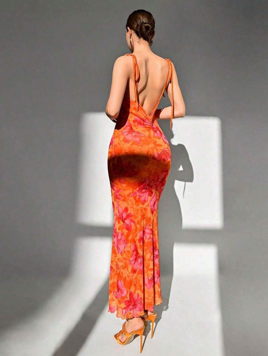Vestido largo con tirantes de espagueti y espalda descubierta, de estilo minimalista y apropiado para el verano - Naranja - Ver 1